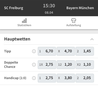 Top-Quoten für Freiburg gegen Bayern München in der Tipico App für Android & iPhone im Vergleich