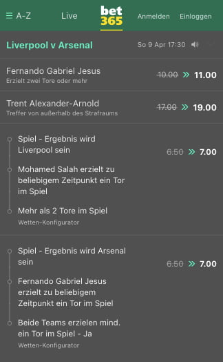 Quotenboosts für Liverpool gegen Arsenal in der Bet365 App für Android & iPhone