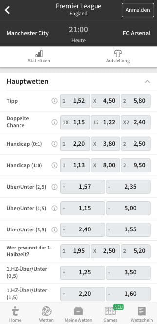 Wetten & Quoten für Manchester City gegen Arsenal in der Tipico App für Android & iPhone
