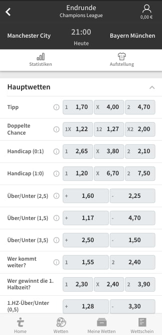 Top-Quoten für Manchester City gegen Bayern in der Tipico App für Android & iPhone