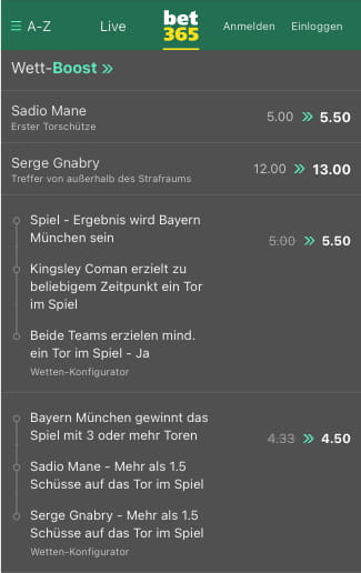 Top-Quoten für Bayern München - Schalke 04 in der Bet365 App für Android & iPhone