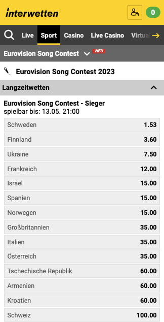 Wetten & Quoten für den ESC 2023 in der Interwetten App für Android & iPhone