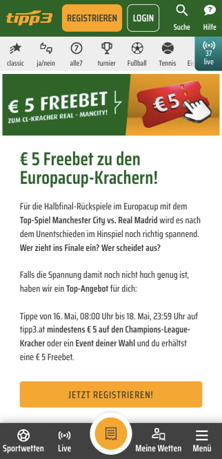 5 Euro Gratiswette im Europapokal Halbfinale mit der Tipp3 App für Android & iPhone