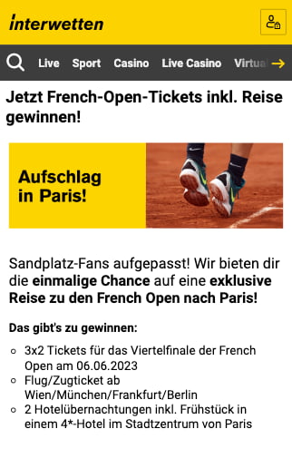 Gewinnspiel für French Open 2023 Tickets mit Reise in der Interwetten App für Android & iPhone