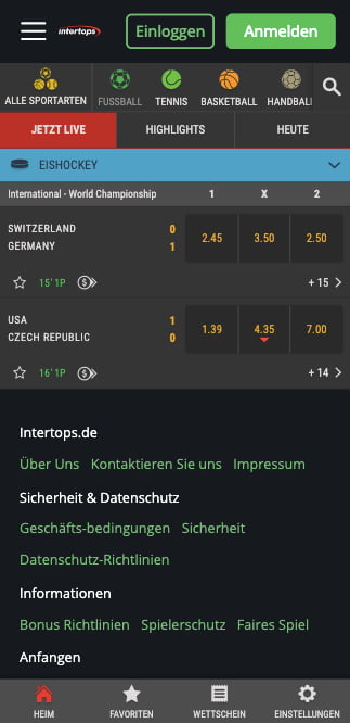 Startseite der Intertops mobile App für Android & iOS