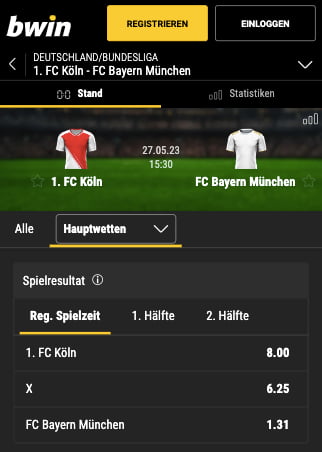 Wetten und Quoten für 1. FC Köln gegen Bayern München in der Bwin App für Android & iPhone