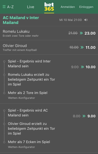 Quotenboosts für AC Milan - Inter Milan in der Bet365 App für Android & iPhone