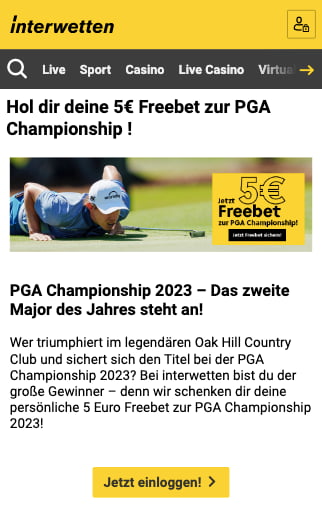 5 Euro Gratiswette für die PGA Championship in der Interwetten App für Android & iPhone