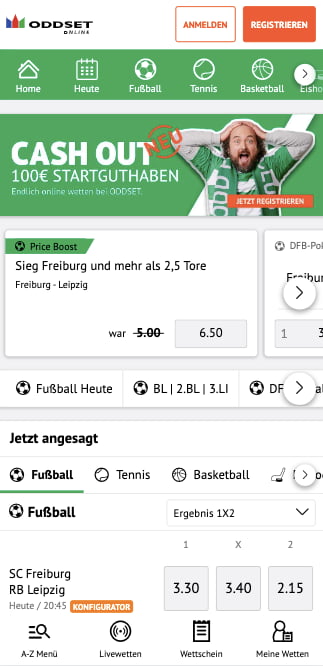 Startseite der ODDSET Sportwetten App für Android & iPhone