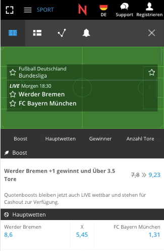 Verbesserte Wettquote für Werder Bremen - Bayern München in der NEO.bet App für Android & iPhone