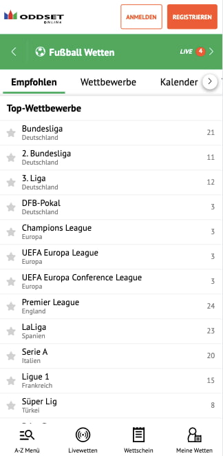 Wettprogramm in der ODDSET Sportwetten Online App