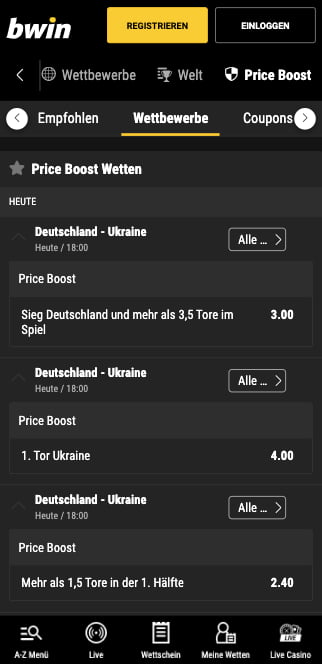 Top-Quoten und Quotenboosts für Deutschland - Ukraine in der Bwin App für Android & iPhone