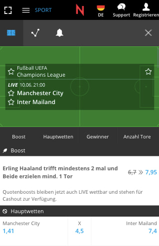 Verbesserte Wettquote für Manchester City gegen Inter Mailand in der Neobet App für Android & iPhone