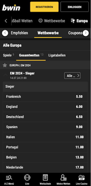 Wetten & Quoten für die U21-EM 2023 in der Bwin App für Android & iPhone