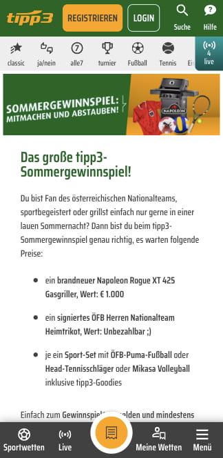 Gasgrill, ÖFB Teamtrikot und mehr im Sommergewinnspiel der Tipp3 App für Android & iPhone gewinnen