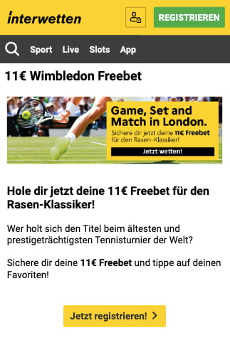 11 Euro Freebet für Wimbledon 2023 in der Interwetten App für Android & iPhone